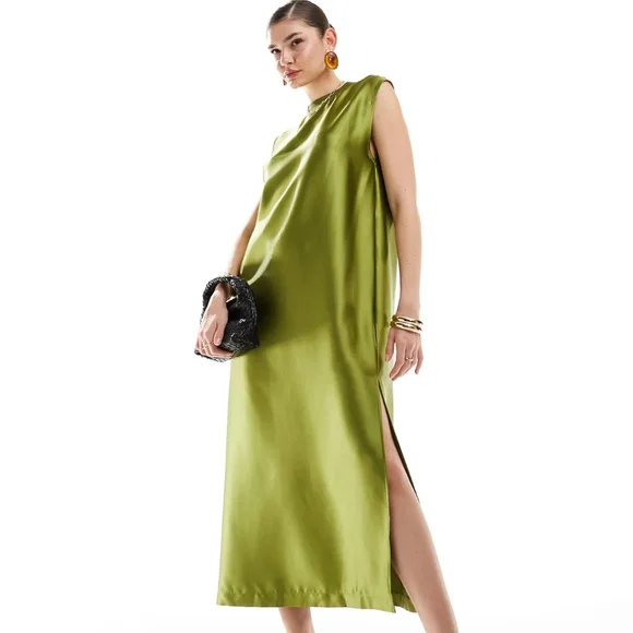 slim fit dress slacks Asos Edition Textured Cami Midi Dress With Cut Out And Tiered Hem In Olive  Green